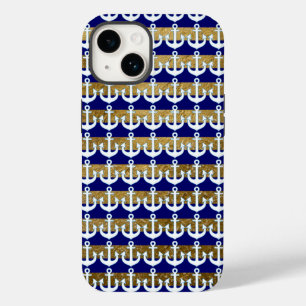 Coque Pour iPhone 14 rayures et ancres blanches marine motif