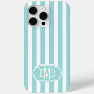 Coque iPhone 15 Pro Max Rayures Monogrammées Aqua et Blanc