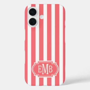 Coques iPhone 16 Rayures Monogrammées Corail et Blanc