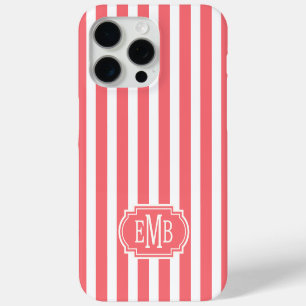 Coque iPhone 15 Pro Max Rayures Monogrammées Corail et Blanc