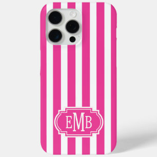 Coque iPhone 15 Pro Max Rayures Monogrammées Rose Chaud et Blanc