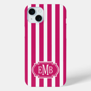 Coque iPhone 15 Mini Rayures monogrammes Berry et blanc