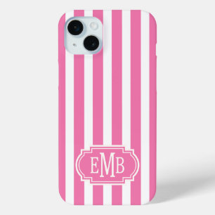 Coque iPhone 15 Mini Rayures monogrammes roses et blanches