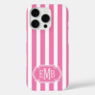 Coques iPhone 16 Pro Rayures monogrammes roses et blanches