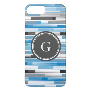 Coque iPhone 8 Plus/7 Plus Rayures noir gris bleu Cool Monogram personnalisé