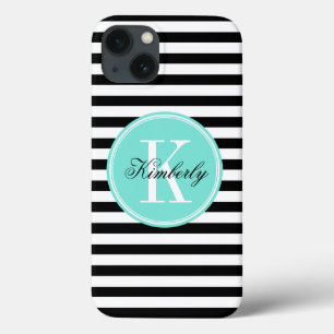 Coques Pour iPhone Rayures noires et blanches avec le monogramme de