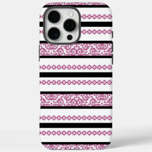 Coques iPhone 16 Pro Max Rayures noires et blanches avec motif floral magen