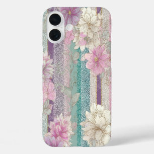 Coques iPhone 16 Plus Rayures pastel verticales avec textures de dentell