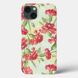 iPhone 13 Case Red Carnations on green with butterflies