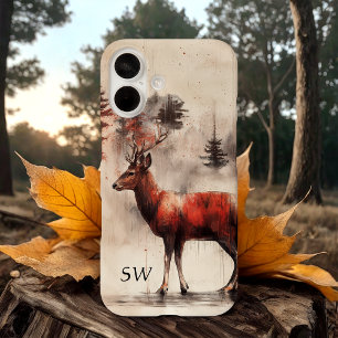 Coques iPhone 16 Red Deer Dans La Forêt Monogrammé