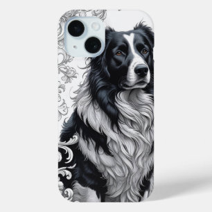 Coque Pour iPhone 15 Regal Border Collie avec cadre floral baroque