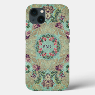 Case-Mate iPhone Case Remix vintage de fleurs pourpres Aqua avec initial