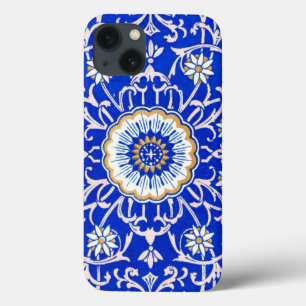 Coques Pour iPhone Remous floraux vintages contre le bleu de bleuet