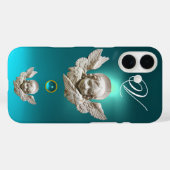 Coques Case-Mate iPhone RENAISSANCE FLORENTINE ANGEL Aqua Monogramme bleu (Verso (horizontal))