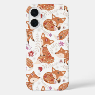 Coques iPhone 16 Renard et fleurs d'art populaire fantaisiste