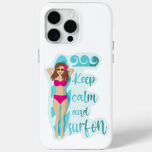 Coque iPhone 15 Pro Max Restez calme et surf sur la brunette fille Carte