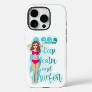 Coques iPhone 16 Pro Restez calme et surfez sur la carte de fille brune