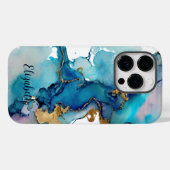 Coques Case-Mate iPhone Résumé aquarelle abstraite bleu or Monogram Splash (Verso (horizontal))