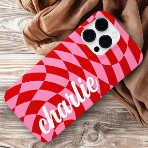 Coque Pour Pour iPhone 14 Pro Max Rétro à damier tourbillon rose rouge