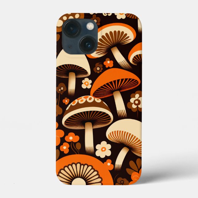 Coques Case-Mate iPhone Rétro années 1970 Champignons et fleurs Brown et o (Verso)