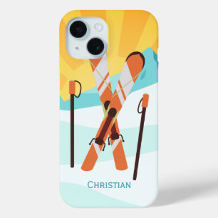 Coque Pour iPhone 15 Rétro conception de ski avec le paysage de Milou