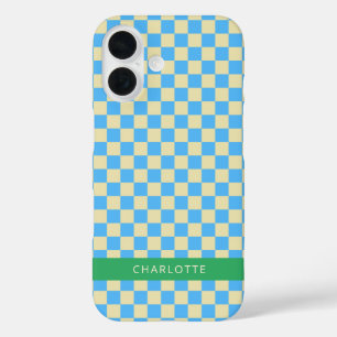 Coques iPhone 16 Retro esthétique Checkerboard bleu Personnalisé