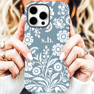 Coques iPhone 16 Pro Max Rétro Fleur Sauvage Floral Monogramme Bleu Poussié