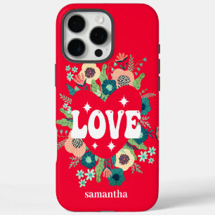 Coques iPhone 16 Pro Max Retro Floral Heart Love Red Valentine's Day