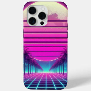 Coque iPhone 15 Pro Max rétro, lune de néon des années 80/palmiers