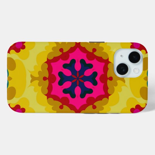 Coques Case-Mate iPhone Rétro Mandala jaune bleu et rose (Verso (horizontal))