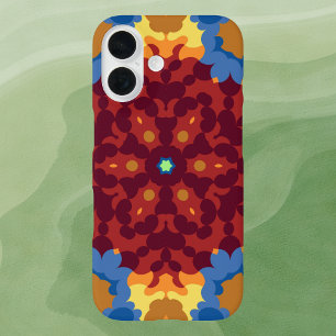 Coques iPhone 16 Retro Mandala rouge bleu et jaune