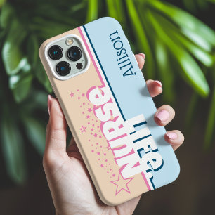Coque Pour iPhone 15 Retro Moderne rose et bleu vie infirmière personna