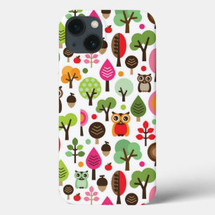 Etui iPhone 13 rétro motif de hibou d'arbre rose de feuille