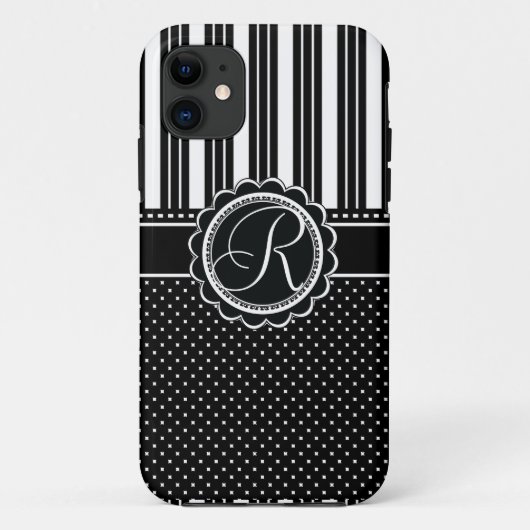 Coques Case-Mate iPhone Rétro noir et blanc élégant chic du monogramme R (Dos)