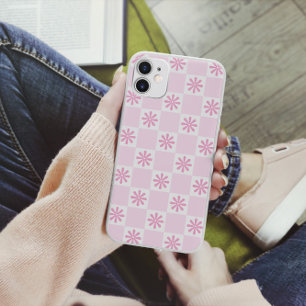 Coque Pour iPhone 14 Retro rose À damiers motif floral