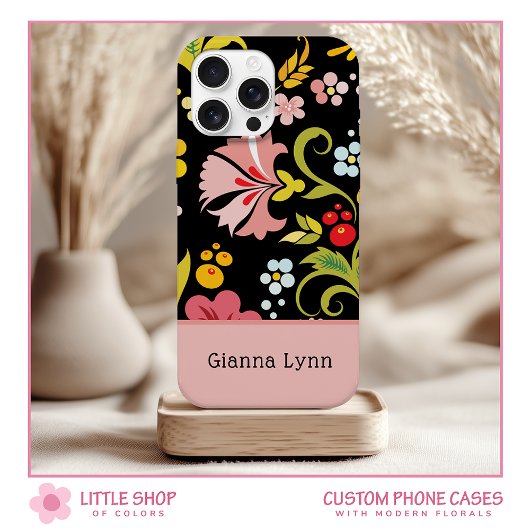 Coques Case-Mate iPhone Rétro Rose Noir Floral Monogrammé