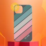 Coque Pour iPhone 15 Retro Sporty rayures rose turquoise nom manuscrit<br><div class="desc">Un arc-en-ciel pastel rétro aux couleurs les années 70 inspirées et un motif minimal. Les couleurs turquoise,  rose et gris peuvent être changées. Les grandes bandes qui tournent en diagonale en font un look audacieux mais minimal pour votre couverture.</div>