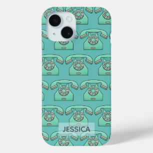Coque Pour iPhone 15 Rétro Téléphone Cute Motif Turquoise Personnalisé