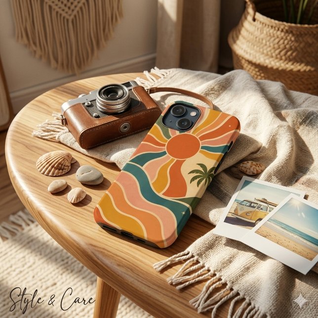 Coques Case-Mate iPhone Rétro Vagues et Palmiers du Coucher de Soleil des  (Retro 70s Sunset Waves & Palm Trees Aesthetic iPhone 13 Mini Case)