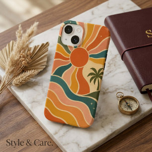 Coque Pour iPhone 14 Rétro Vagues et Palmiers du Coucher de Soleil des
