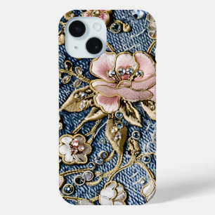 Coque Pour iPhone 15 Rêves roses en Jeans brodés
