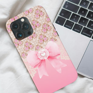 Coque Pour Pour iPhone 14 Pro Max Ribbon et dentelle Rose rose Fille Vintage