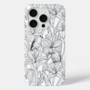 Coque iPhone 15 Pro Robins et fleurs de lys, noir et blanc