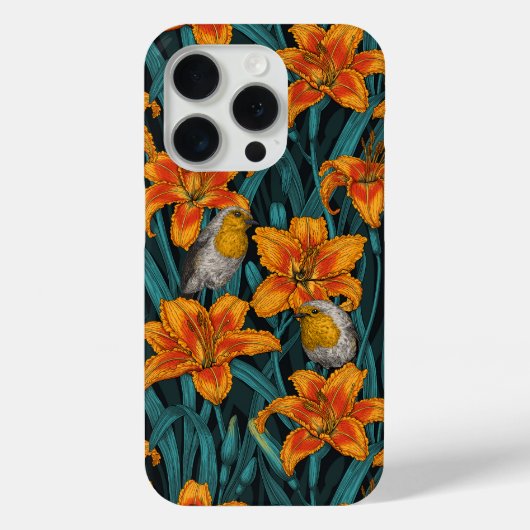 Coques Case-Mate iPhone Robins et fleurs de lys, orange et bleu (Verso)