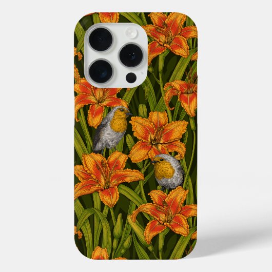 Coques Case-Mate iPhone Robins et fleurs de lys, orange et vert foncé (Verso)