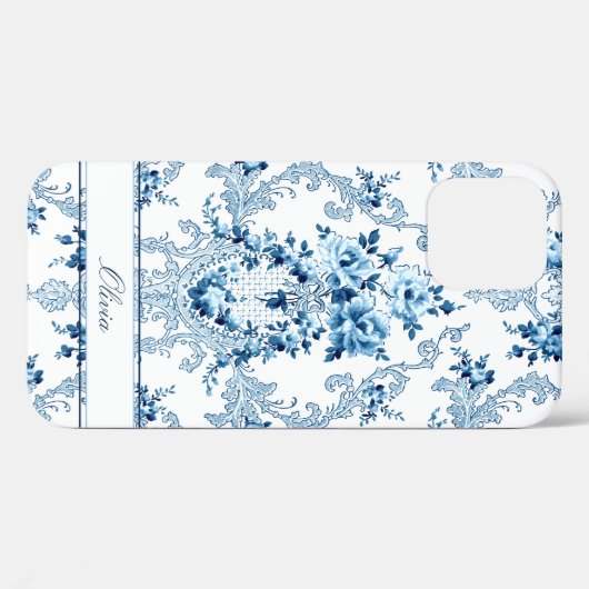 Coques Case-Mate iPhone Rococo bleu & blanc Floral (Verso (horizontal))