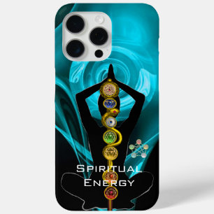Coque iPhone 15 Pro Max ROD ASCLEPIUS,7 CHAKRAS YOGA LOTUS POSE Bleu