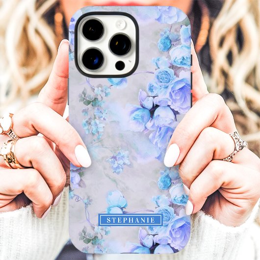 Coques Case-Mate iPhone Romantique Bleu et Gris Nom Floral