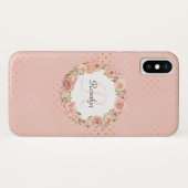 Coques Case-Mate iPhone Romantique or pointillé Rose Floral Nom monogrammé (Dos (Horizontal))