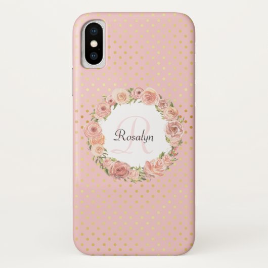 Coques Case-Mate iPhone Romantique or pointillé Rose Floral Nom monogrammé (Dos)